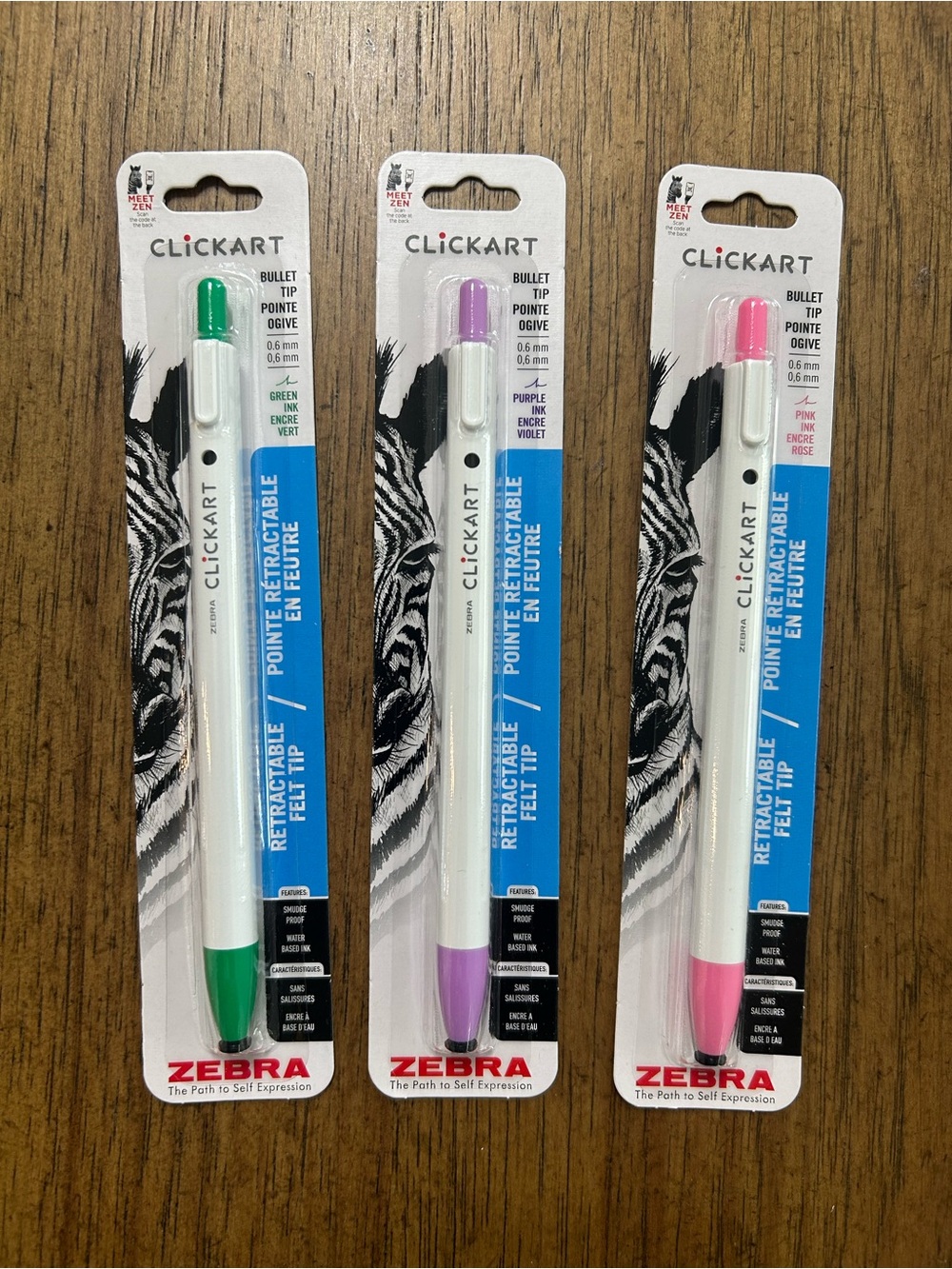 Zebra Clickart Retractable Felt Tip Pen - Green, Purple, Pink